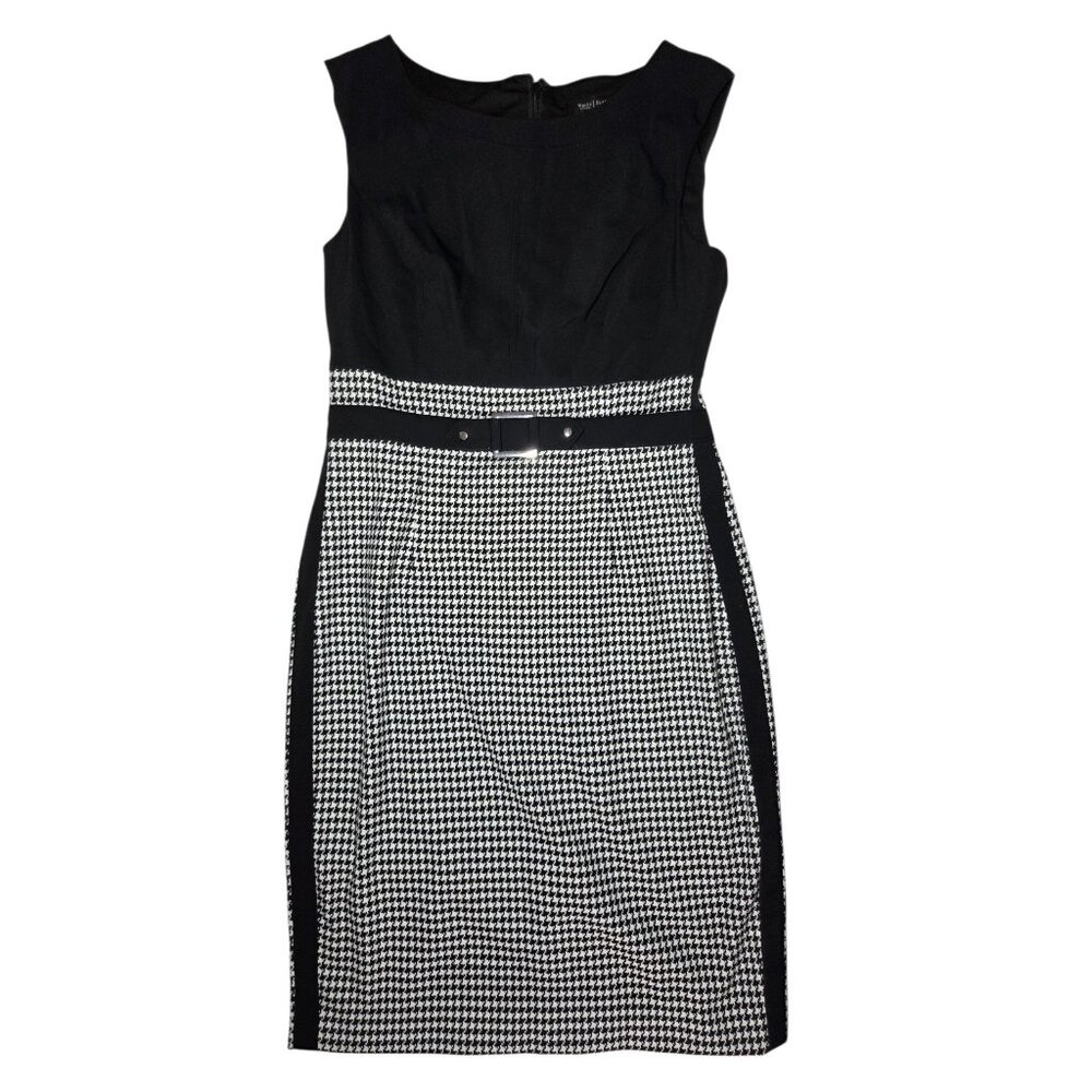 WHBM Black White Sleeveless Houndstooth Print‎ Pencil Dress Side Stripes 6